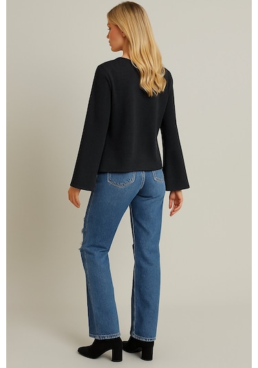 Kadın Antrasit Gri Tam Kalıp Ceket Önden Bağlamalı İspanyol Kol Ceket Antrasit