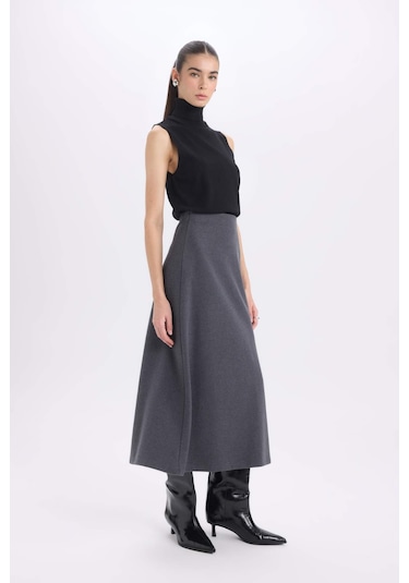 DeFacto A Kesim Esnek Belli Basic Düz Normal Bel Maxi Etek D5407AX24AUAR104 Antrasit