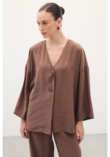 Sateen Düğmeli Kimono - Kahve-136354 Kahve