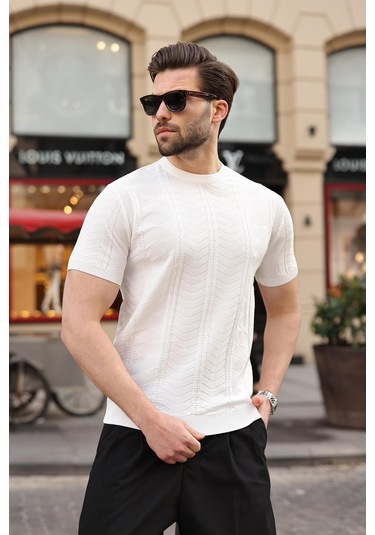 Beyaz Bisiklet Yaka Slim Fit Triko Erkek Tişört E7466