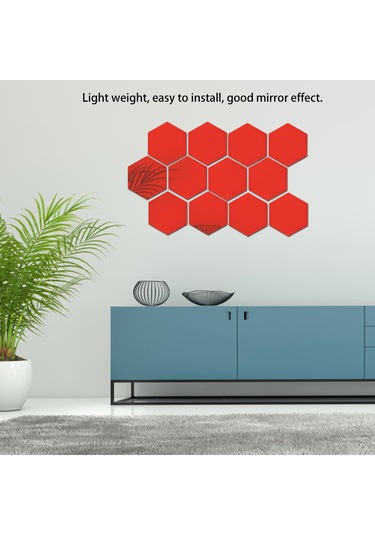 Hangfox Kırmızı 4cm Kenar Hexagon Akrilik Duvar Sticker, Nem Ve Çürüme Dayanıklı, Dıy Dekorasyon, Ayna Efekti, 12 Adet Paket Diğer