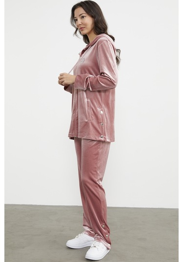 Tam Fermuarlı Tunik Boy Kadife Eşofman Takım - Pudra 001