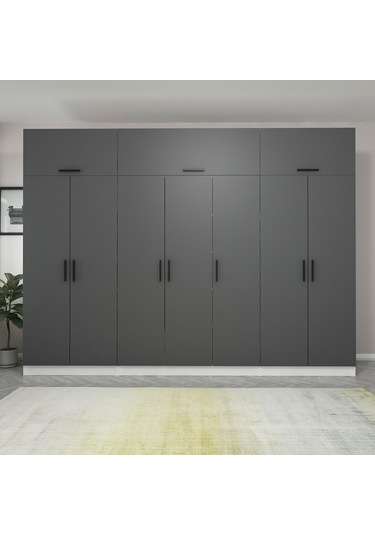 Minar Kale 7 Kapaklı 2 Çekmeceli Dolap Ve Yüklük Beyaz Antrasit 255cm Çok Renkli