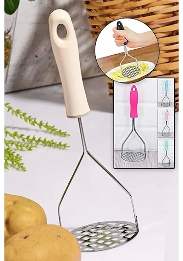 Plastik Saplı Delikli Metal Paslanmaz Patates Muz Yumurta Ezici Püre Yapıcı Çok Renkli