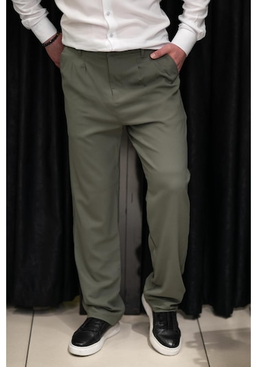 Çift Pileli Arka Beli Lastikli Geniş Paça Baggy Yazlık Kumaş Pantolon Yeşil