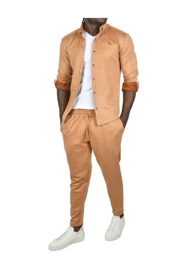 Deepsea Erkek Camel Beli Lastikli Bağcıklı Kırışmayan Süet Kumaş Rahat Kesim Dar Paça Spor Pantolon 2505556 False Camel