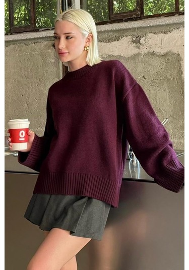 Mürdüm Bisiklet Yaka Oversize Triko Kazak Mg1972 Mürdüm