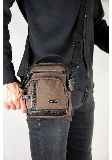 Kanvas Deri Detay Erkek Günlük El Omuz Askılı Çanta Siyah A101 Kahverengi - Siyah
