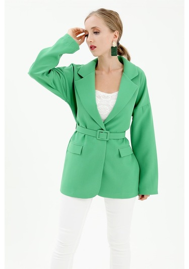 Düşük Omuz Kemerli Atlas Kumaş Blazer Ceket - Yeşil-yeşil Yeşil
