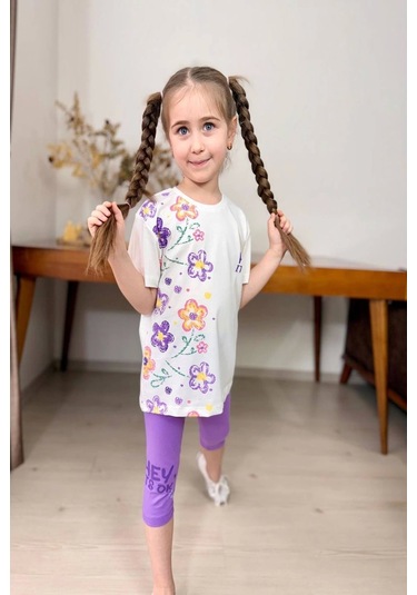 Yeni Sezon Çiçek Desenli Lila Renk Kapri Taytlı Kız Çocuk Takım Lila