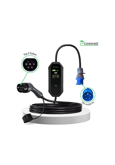Coswatt Elektrikli Araç Taşınabilir Şarj Cihazı 7kW-32A-Tip2 Soket-Türkçe Menü-5M-3x32A Fiş-220V AC