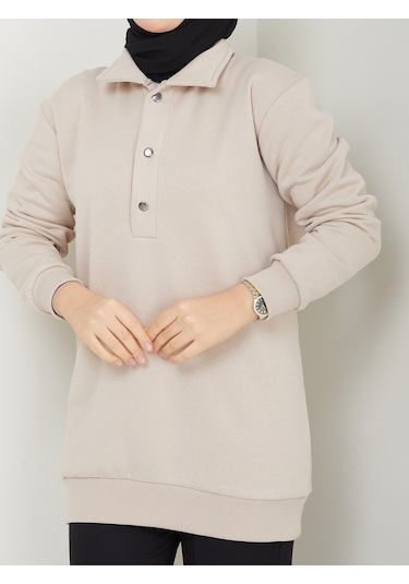 Raika Moda Kapşonlu 3 İplik Büyük Beden Tesettür Sweatshirt Bej