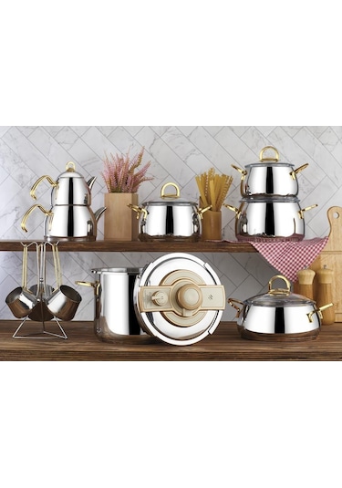 Kahramanlar Akasya 18 Parça Çelik Tencere Seti Gold