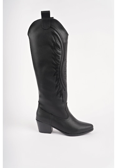 Muggo Rodeo Dikiş Detaylı Kalın Topuklu Kovboy Kadın Çizme siyah