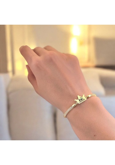 Archin Panda Temalı 14 Ayar Altın Plakalı Hasır Kordonlu Taç Figürlü Hediye Bileklik-464sembol Panda