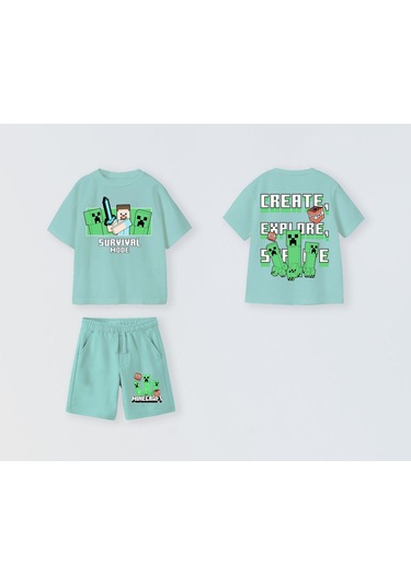 Erkek Çocuk Minecraft Şortlu Takım Mint Mint Yeşili