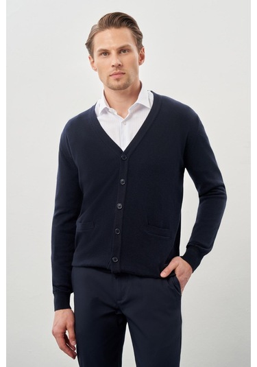 Koyu Lacivert Uzun Kol Örme V Yaka Comfort Fit Rahat Kesim Klasik Triko Koyu Lacivert