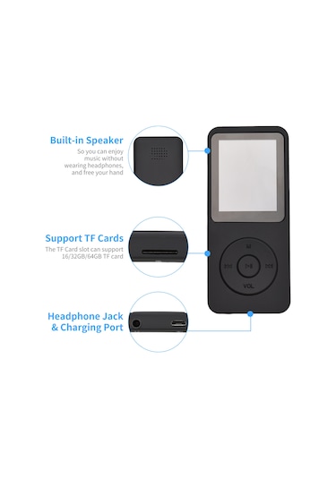 Xindoker Bluetooth 3.0 Mp3/mp4 Çalar 64gb Tf Kartlı - Ses Kaydı, E-kitap, Video Oynatma, Radyo, 1.77" Tft Ekranlı Mini Müzik Oynatıcı
