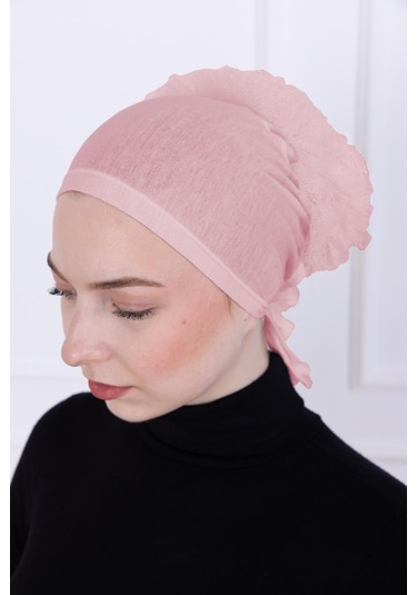 Fırfırlı Önden Dikişli Penye Bone - Kadın Tesettür Bağlamalı Topuz İç Bone-pembe Pembe