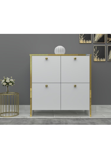 %100 Mdf 2 Kapaklı Küp Altın Sarısı Desenli Gövdeli Ayakkabılık Beyaz