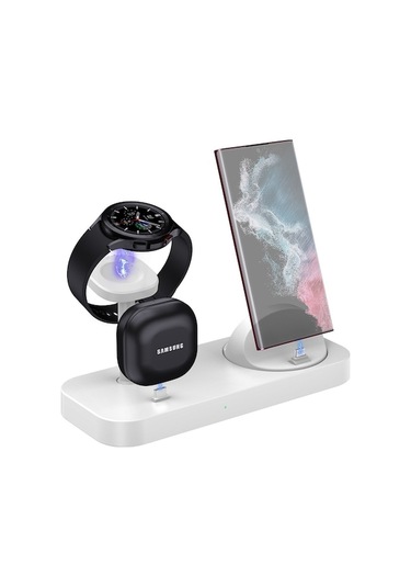 Rogfer B25 Type-c 4-in-1 Samsung Watch / Galaxy Uyumlu Buds İçin Şarj Standı Telefon Tutucu Beyaz