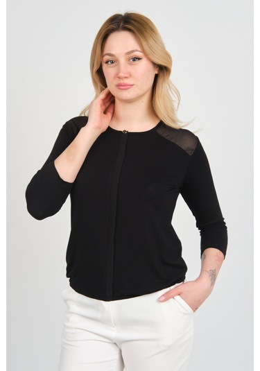 Sistas Kadın Omuz Ve Kolları Tül Detaylı Beli Lastikli Truvakar Kol Bluz 23321 Siyah Siyah