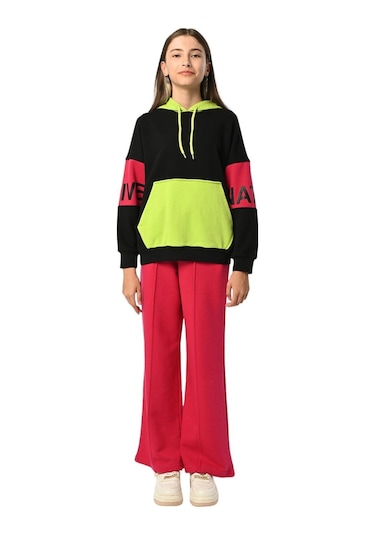 Kız Çocuk Kapüşonlu Neon Renk Bloklu Tasarım Sweatshirt-13397-siyah Siyah