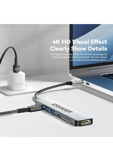 Cbtx Essager Type-c Hub Dönüştürücüden Pd'ye 60w Hızlı Şarj+tip-c Veri Bağlantı Noktası+usb 3.2+usb 2.0+hd Video Çıkışı+2 Kart Okuyucu Yuvası