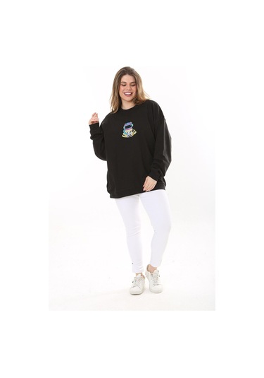 Kadın Büyük Beden Siyah Pamuk Kumaş Nakışlı Sweatshirt 65n37617-siyah Siyah