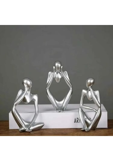 3 Lü Polyester Gümüş Soyut Düşünen Adam Heykel Biblo
