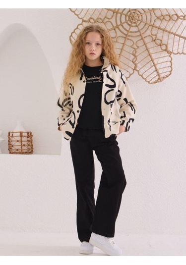 Kız Çocuk Desenli Kot Ceket İçi Tshirt Takım-15505 Krem