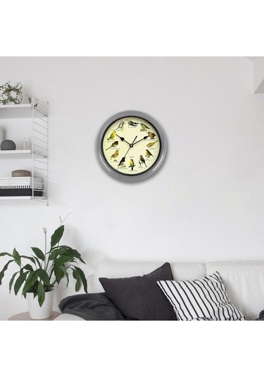 Pazly Suntek Ses Saati Pille Müzikal Kuşlar Gri-25cm Gri Duvar Çalışan 25cm Bz Çok Renkli