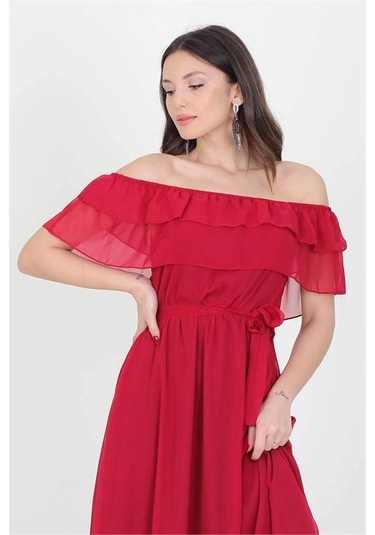 Neşeli Butik Kadın Yeni Sezon Madonna Yaka Bağlama Detaylı Şifon Elbise Ry8060 Bordo