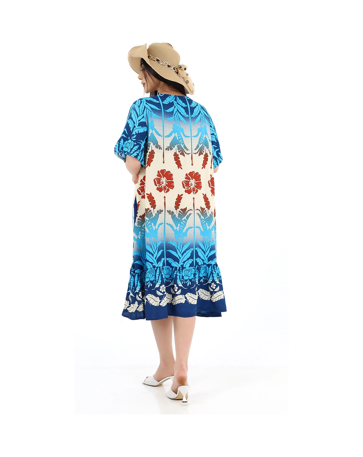 Schık Kadın Viskon Yarım Kol O Yaka Cepli Fırfırlı Elbise Turkuaz Turkuaz