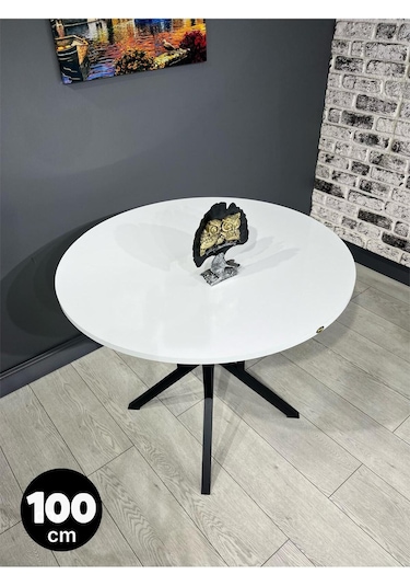 Sedef Beyaz Yuvarlak Mutfak Masası Yemek Masası Balkon Masası Metal Siyah Ayak 100 Cm