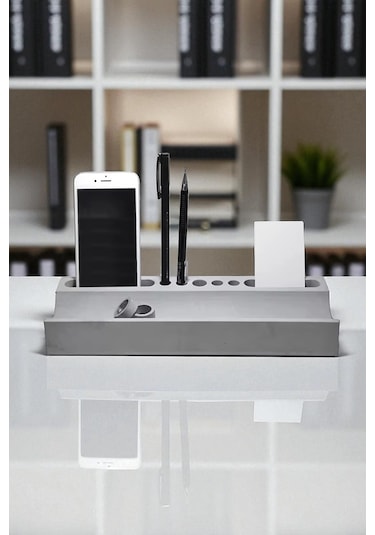 Beton Masaüstü Organizer Kalemlik, Telefon Ve Kartlık Düzenleyici Şık Ofis Masa Dekoru Gri