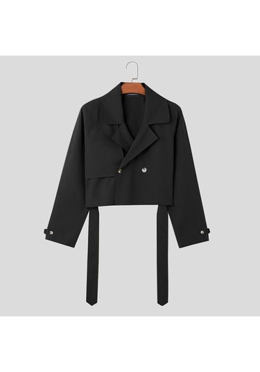 Incerun Erkek Düz Renk Kırpılmış Rahat Yaka Rüzgarlık Mont Ceketler Siyah