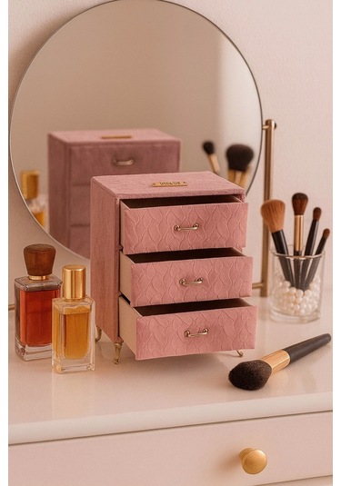 Dekoratif 3 Çekmeceli Kadife Takı Bijuteri Mücevher Kutusu Organizer Düzenleyici Pembe