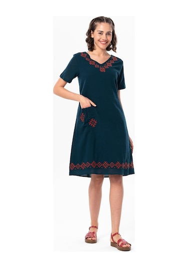 Kolsuz Şile Bezi Kruvaze Yaka Nakışlı Tülin Midi Boy Yazlık Otantik Elbise Petrol Ptrl-petrol