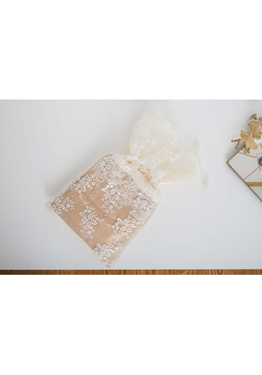 Finezza Roza Pamuk Taş işlemeli Dantel keseli Kreme Bej Havlu 50x90 cm  - 1379 KREM - BEJ