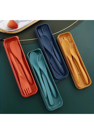 Honeybeeshop Mavi Çatal Kaşık Bıçak Seti 3ü 1 Arada Taşınabilir Kamp Ve Piknik Ürünleri Mavi