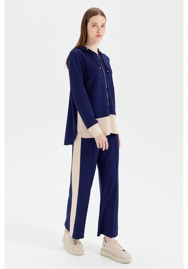 Oysh Kumaş Fermuar Kapamalı Kapişonlu Pantolonlu Takım Laci Lacivert