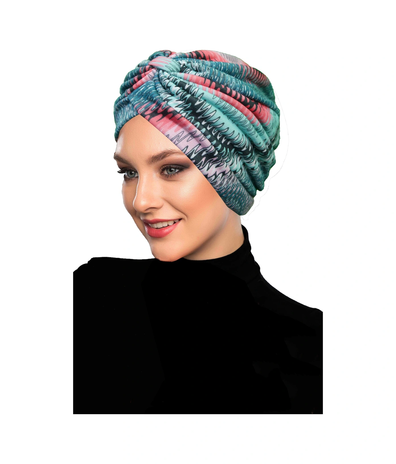 Mavera Model Renkli Desenli Çapraz Ve Bant Detaylı Astarlı Hazır Türban Tesettür Havuz Bonesi Yeşil