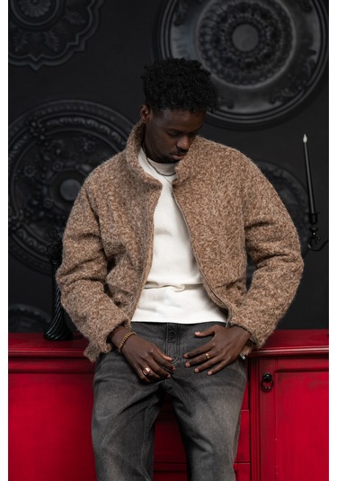 Oversize Crop Model Yan Cepli Astarlı Kırçıllı Mont Kahverengi