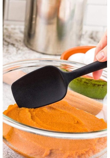 Kaşık Spatula, Isıya Dayanıklı Yanmaz Yapışmaz Tek Parça Silikon Kaşık Spatula 27cm Siyah Siyah