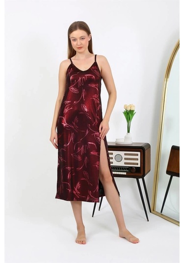 Giyim Kadın İp Askılı Uzun Parlak Micro Elbise Gecelik Bordo Bordo