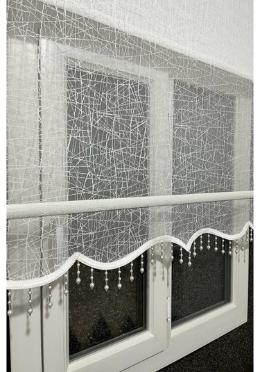 İncilifehome İcl1084 Çift Mekanizmalı Geometrik Desenli Tül Ve Stor Perde Kırık Beyaz Boncuklu Kırık Beyaz