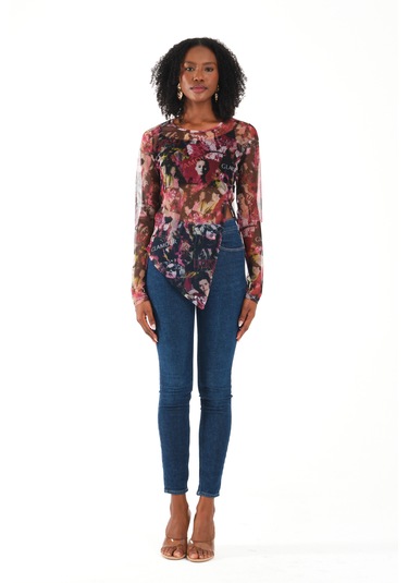 Yırtmaç Detaylı Tül Bluz Pembe