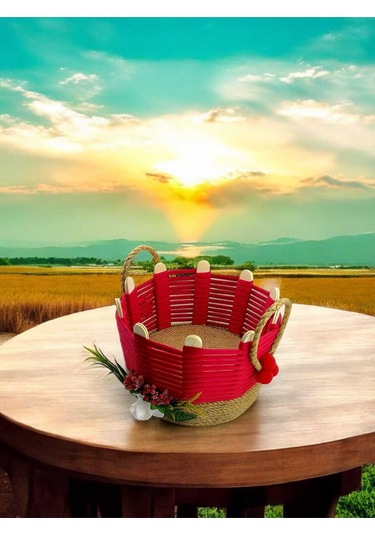 Komodin Üstü Düzenleyici Hasır Sepet Takı Organizer Makyaj Kutusu Banyo Sepeti Kırmızı