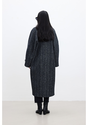 Asimetrik Kapama Kaşe Kaban Siyah Siyah